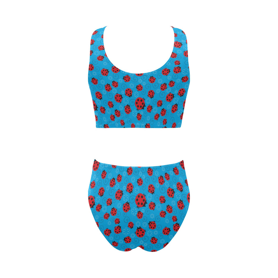 Ladybug Pattern Print Design 02 Chest Bowknot High Waisted Bikini Swimsuit