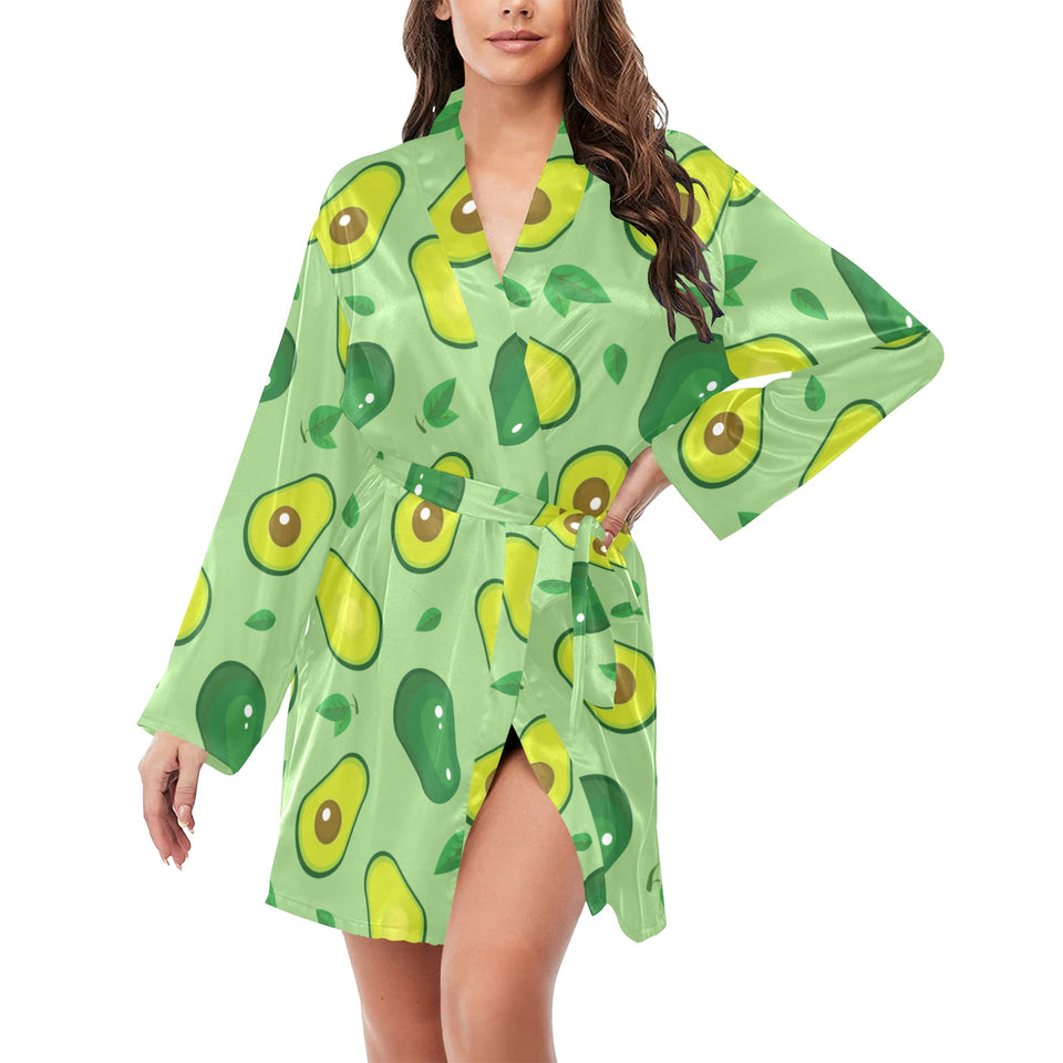 Avocado pattern green background Women's Long Sleeve Belted Night Robe