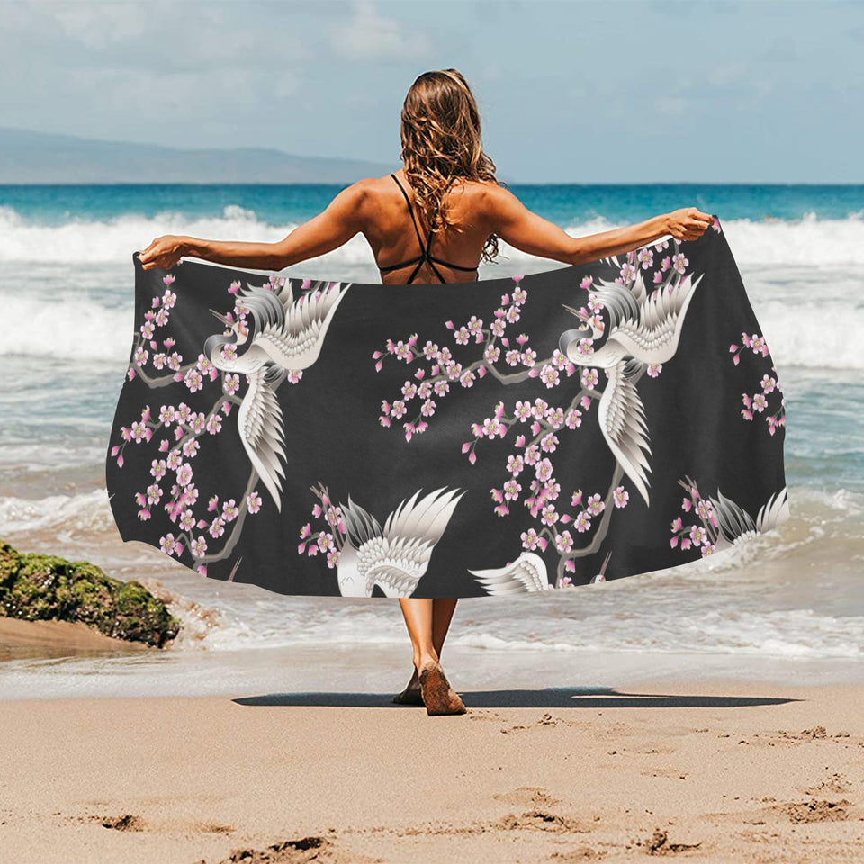 Japanese crane pink sakura pattern Beach Towel