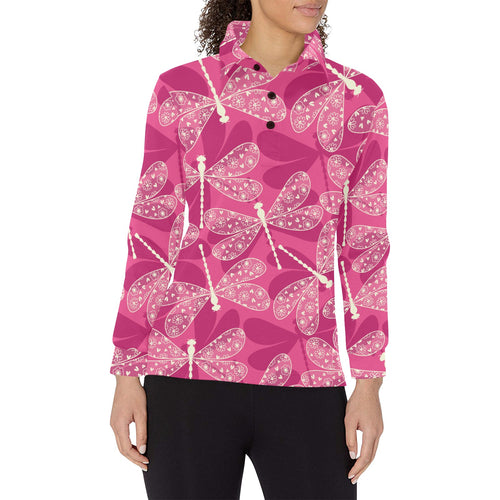 Beautiful dragonfly pink background Women's Long Sleeve Polo Shirt