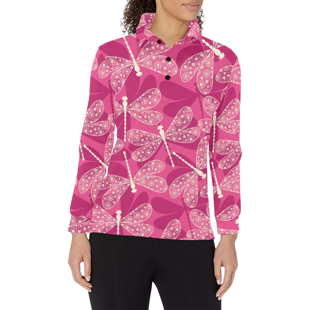 Beautiful dragonfly pink background Women's Long Sleeve Polo Shirt