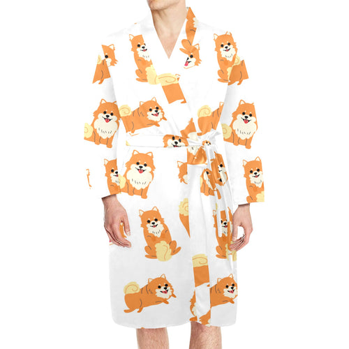 Brown pomeranian pattern Men's Long Sleeve Belted Night Robe