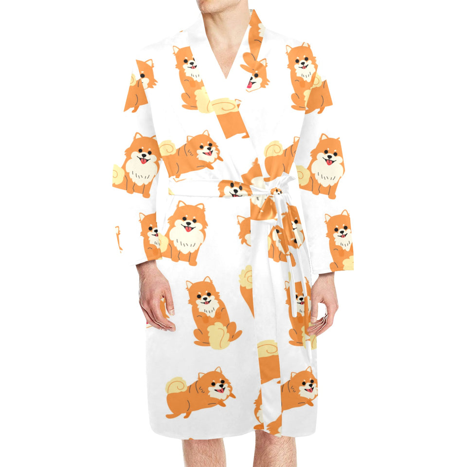 Brown pomeranian pattern Men's Long Sleeve Belted Night Robe