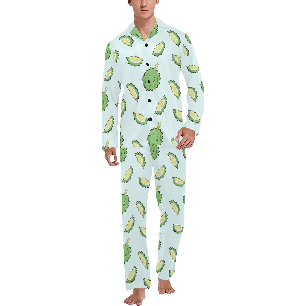 Durian pattern blue background Men's Long Pajama Set
