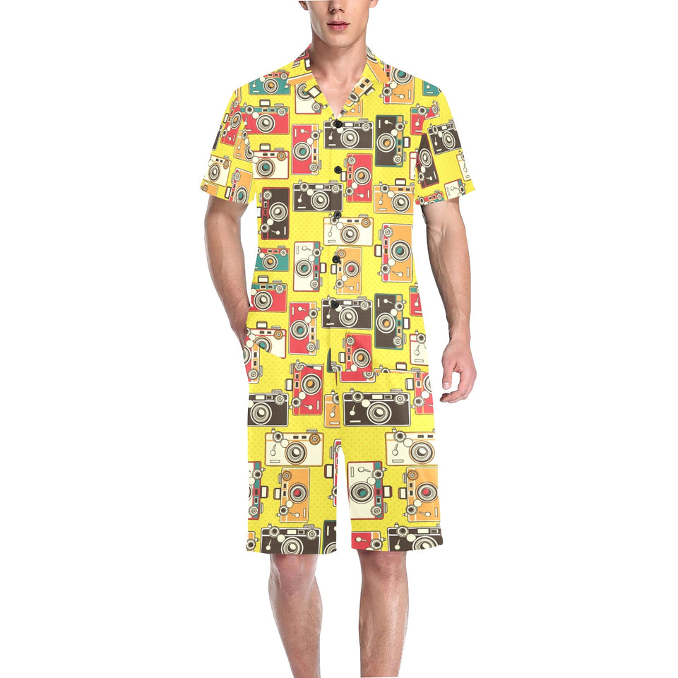 Camera Pattern Print Design 02 Men's V-Neck Short Pajama Set