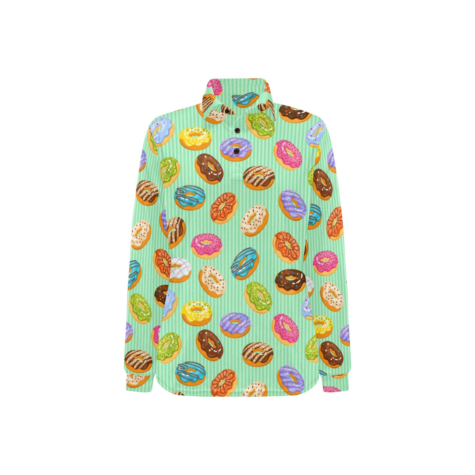 Colorful donut pattern green background Women's Long Sleeve Polo Shirt