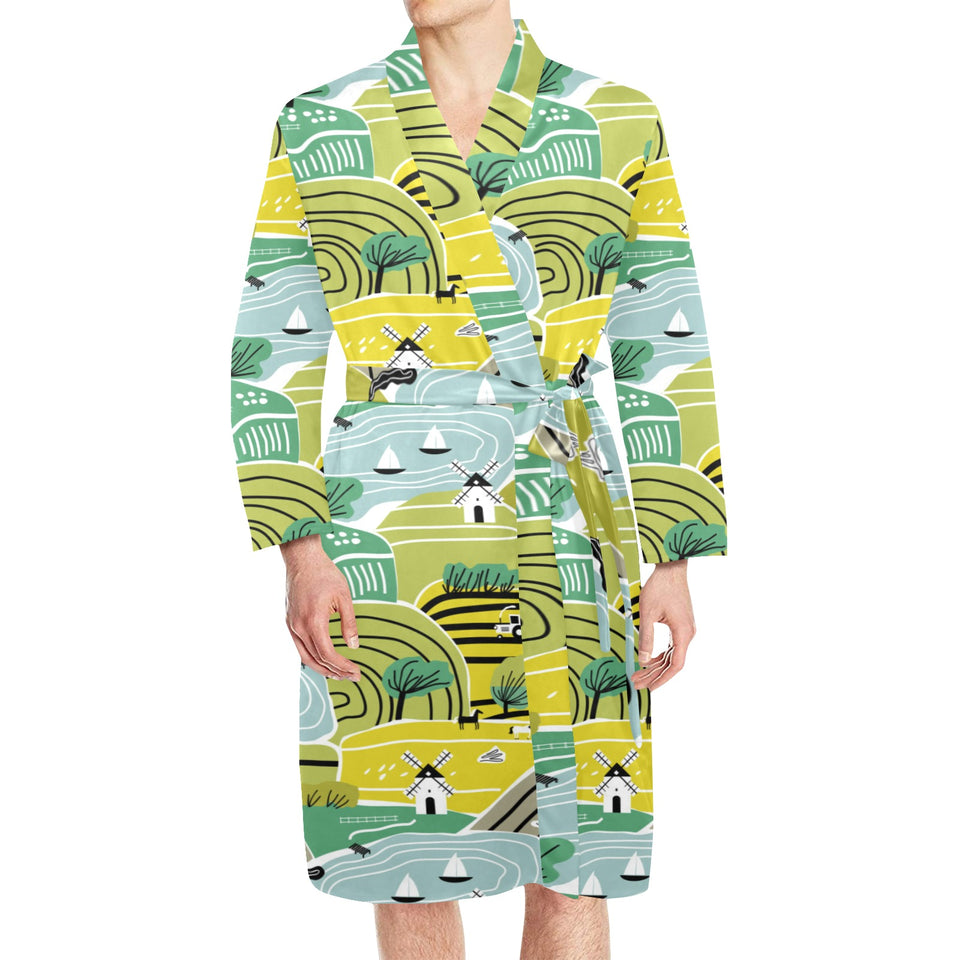 Hand drawn windmill pattern Men's Long Sleeve Belted Night Robe