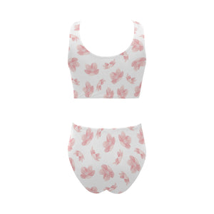 Pink sakura cherry blossom pattern Chest Bowknot High Waisted Bikini Swimsuit