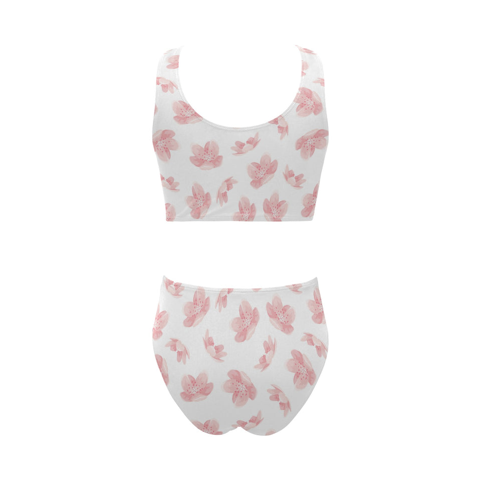 Pink sakura cherry blossom pattern Chest Bowknot High Waisted Bikini Swimsuit