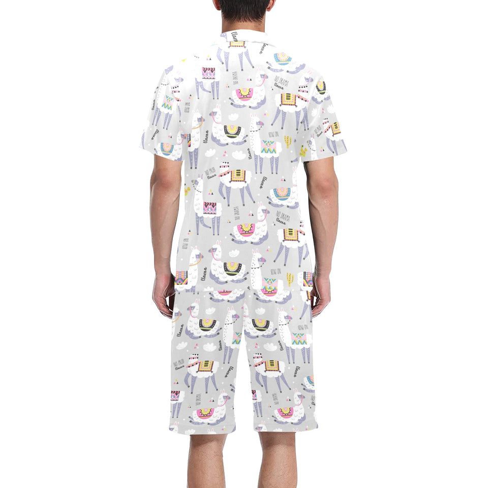 Cute Llama Alpaca pattern Men's V-Neck Short Pajama Set