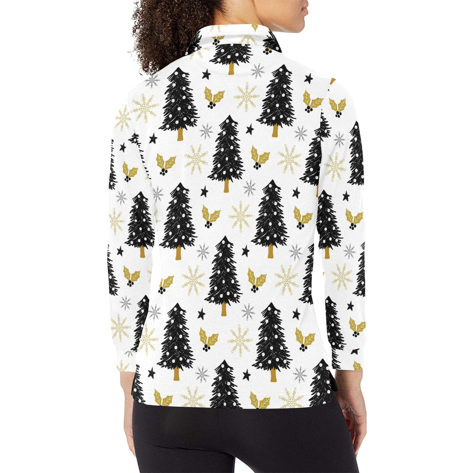 Christmas tree holly snow star pattern Women's Long Sleeve Polo Shirt