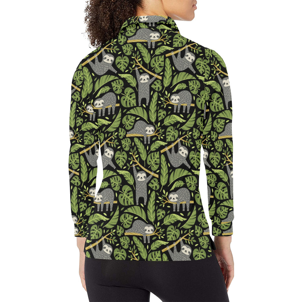 Cute sloths tropical palm leaves black background Women's Long Sleeve Polo Shirt