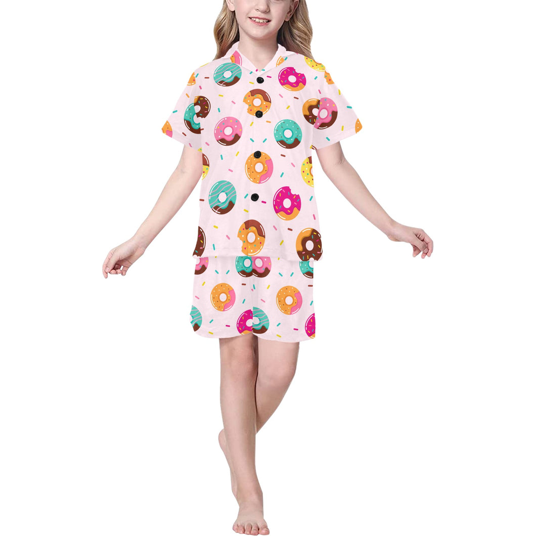 Donut pattern glaze pink background Kids' Boys' Girls' V-Neck Short Pajama Set