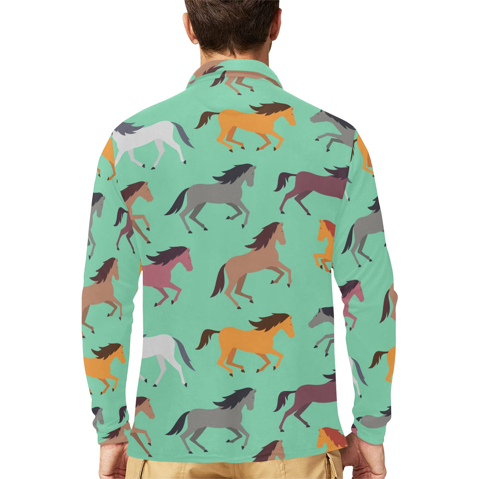 Colorful horses pattern Men's Long Sleeve Polo Shirt