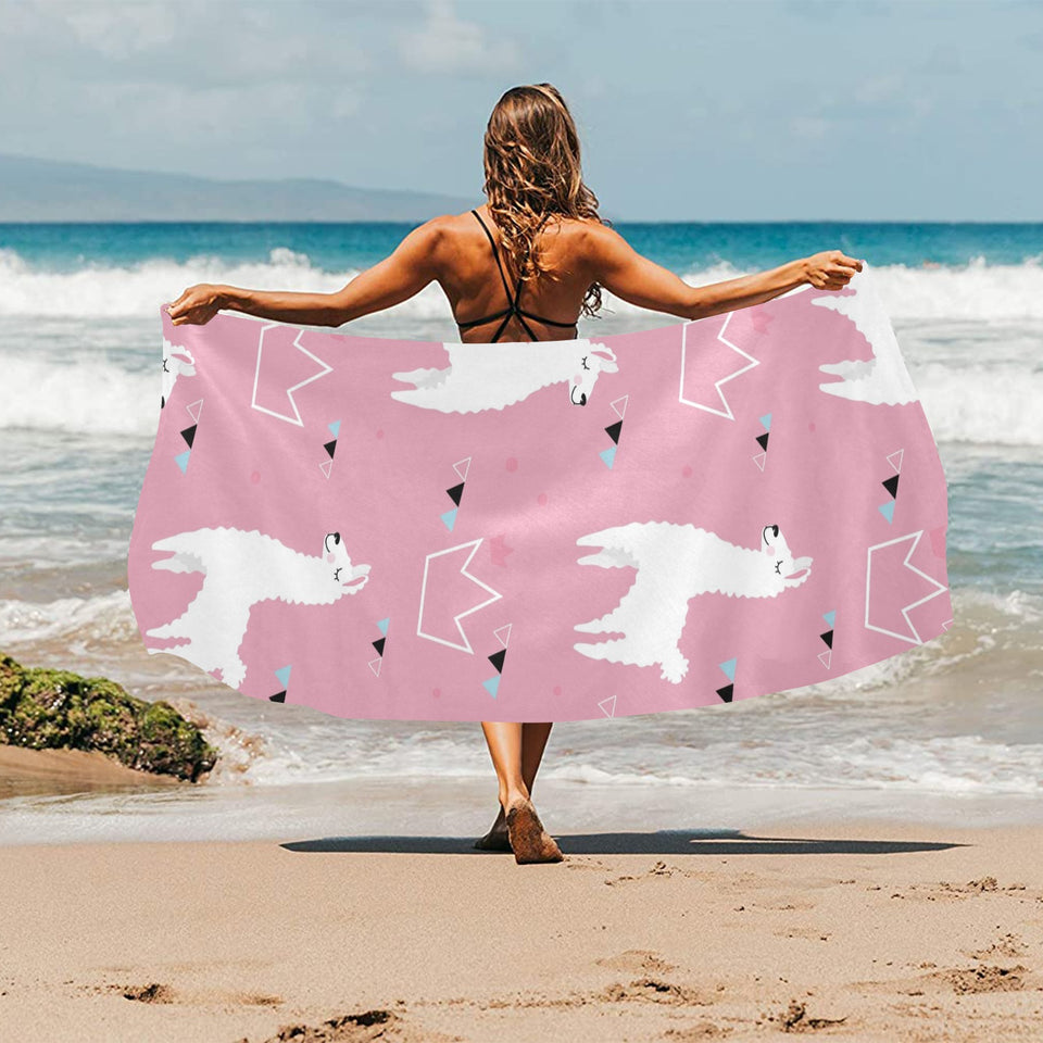 Llama Alpaca pink background Beach Towel
