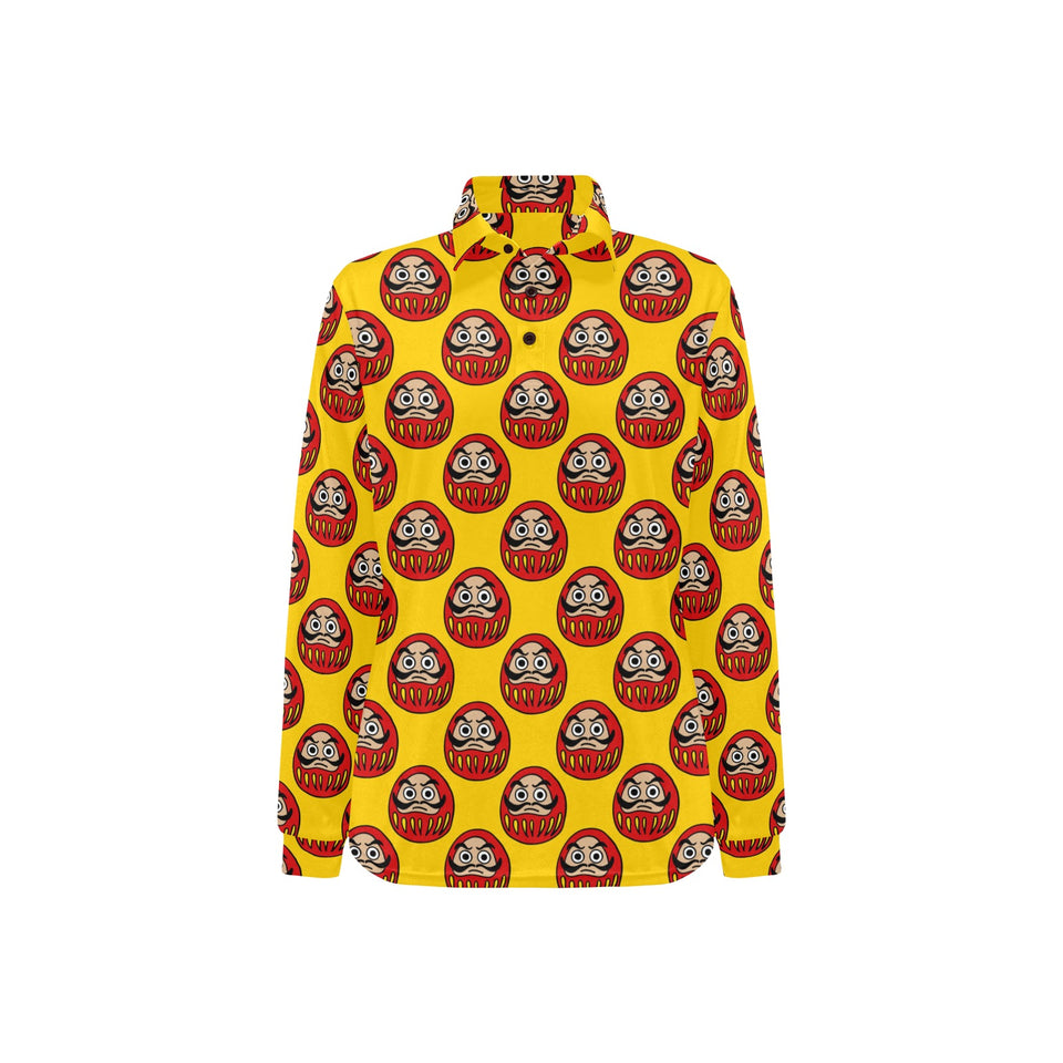 Daruma japanese wooden doll yellow background Women's Long Sleeve Polo Shirt