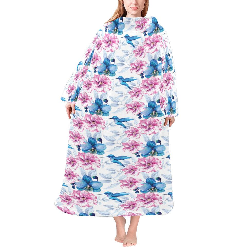 Hummingbird Pattern Print Design 02 Blanket Robe with Sleeves