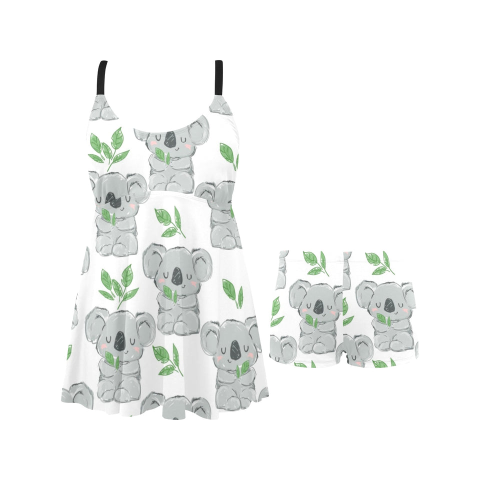 Hand drawn Koala leaves pattern Chest Sexy Pleated Two Piece Swim Dress