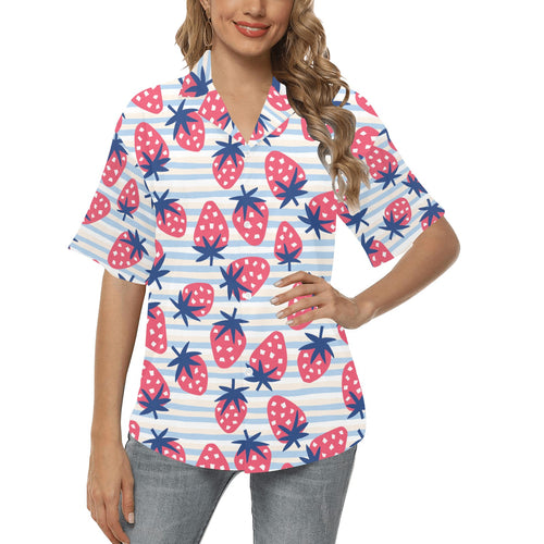 Strawberry pattern blue lines background Women's All Over Print Hawaiian Shirt
