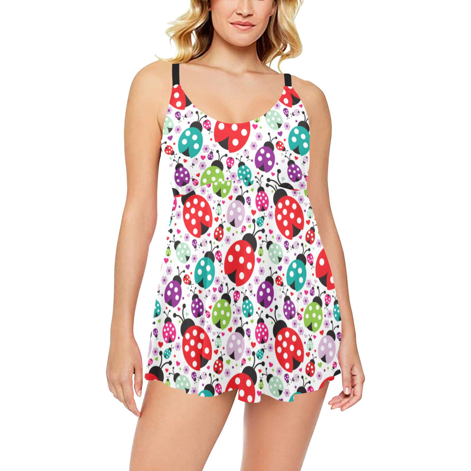 Ladybug Pattern Print Design 03 Chest Sexy Pleated Two Piece Swim Dress