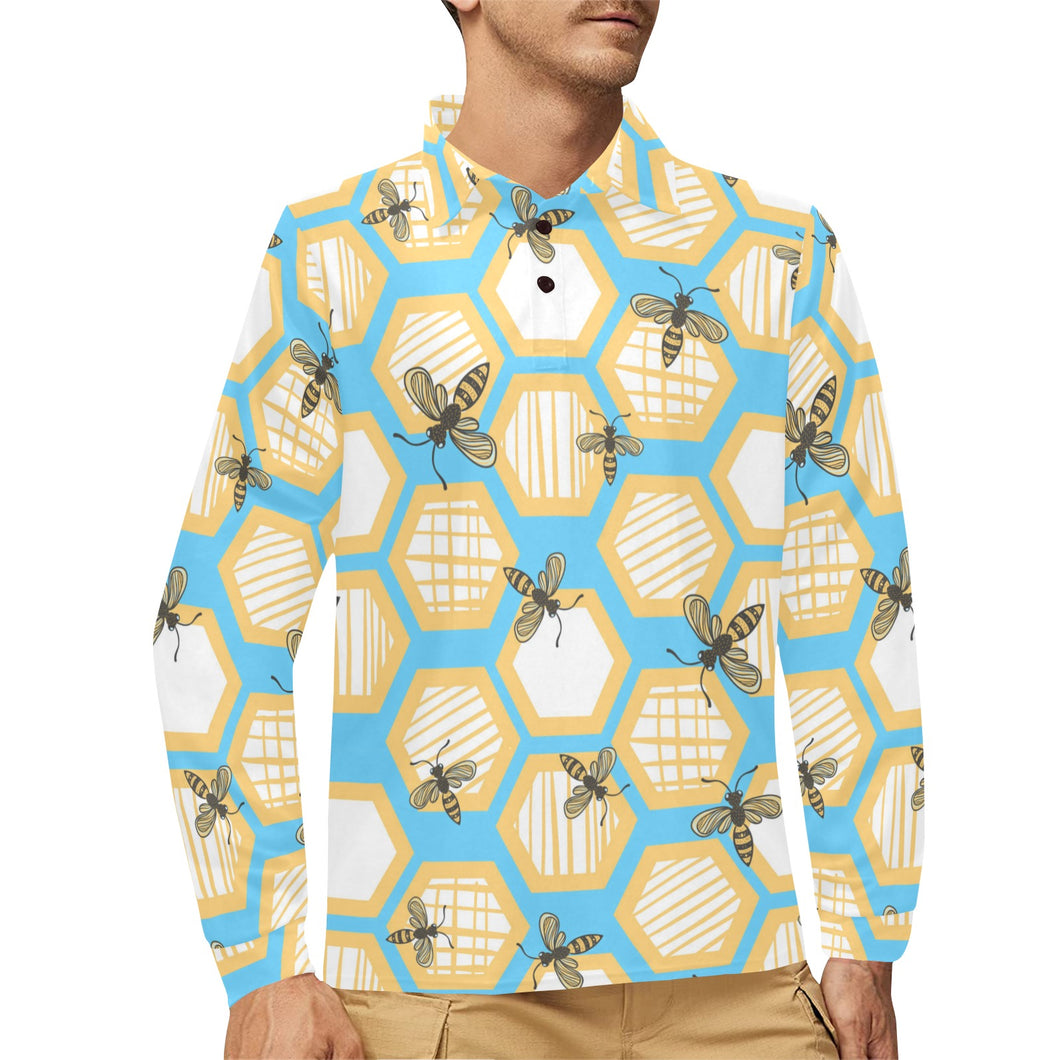 Bee honeycomb pattern Men's Long Sleeve Polo Shirt