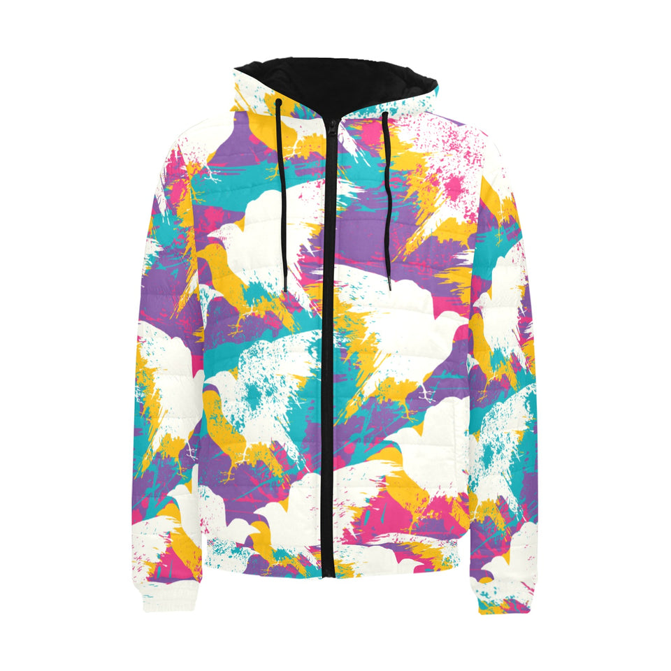 Colorful crow illustration pattern Men's Padded Hooded Jacket