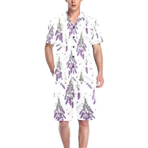 lavender flower design pattern Men's V-Neck Short Pajama Set