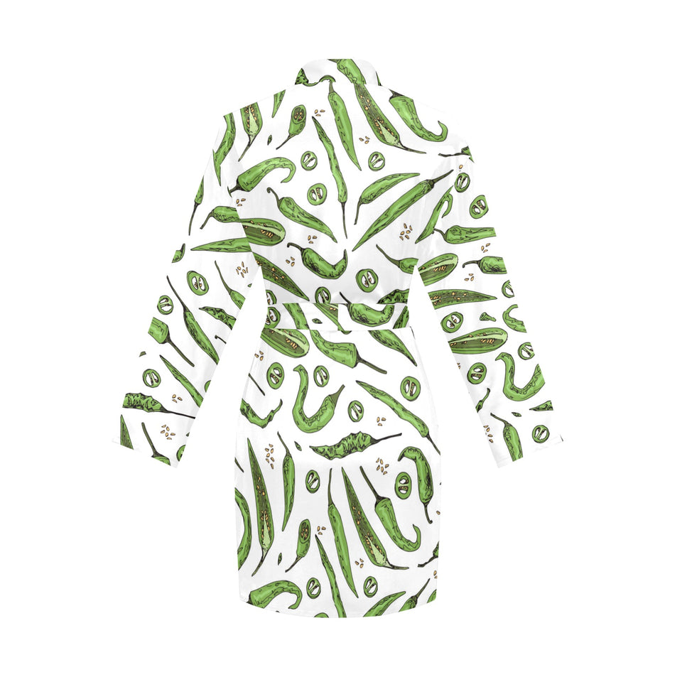 Hand drawn sketch style green Chili peppers patter Women's Long Sleeve Belted Night Robe
