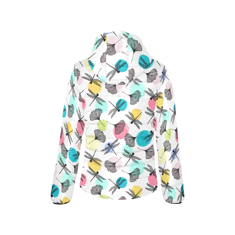 Dragonflies ginkgo leaves pattern Women's Padded Hooded Jacket