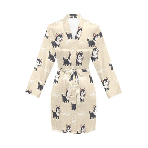 Cute Siberian Husky Women's Long Sleeve Belted Night Robe