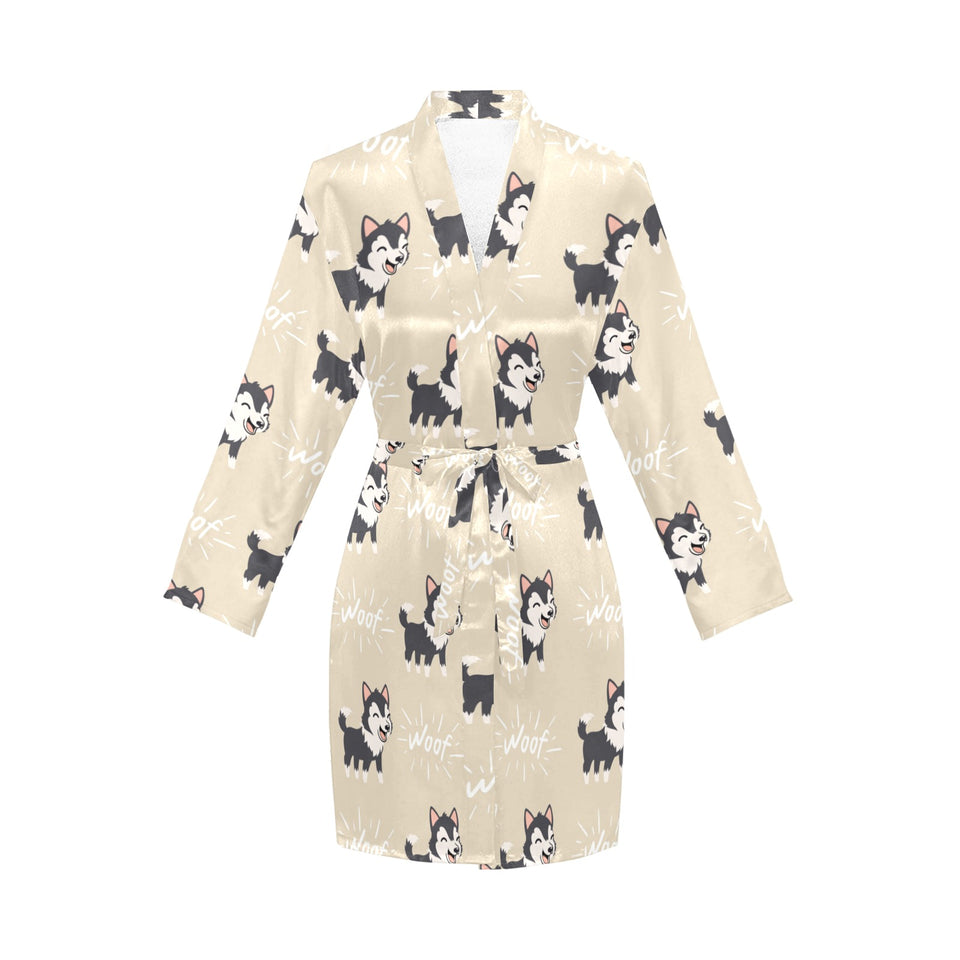 Cute Siberian Husky Women's Long Sleeve Belted Night Robe