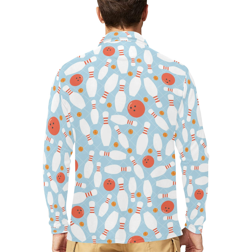 Bowling ball bowling pins blue blackground Men's Long Sleeve Polo Shirt