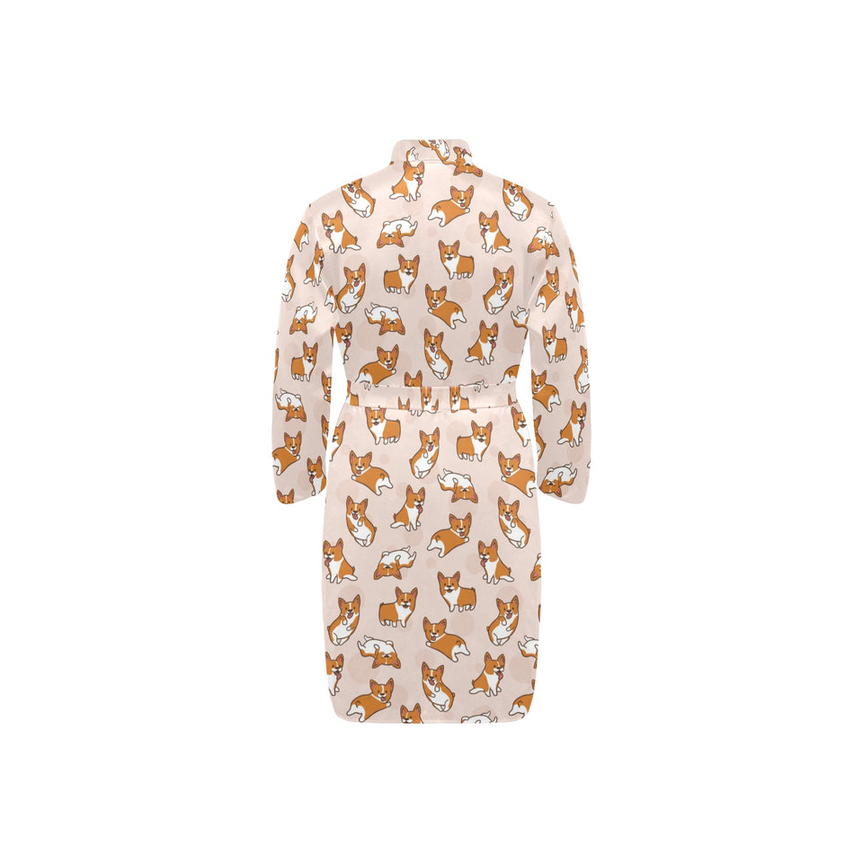 Cute Corgis Pattern pink background Men's Long Sleeve Belted Night Robe