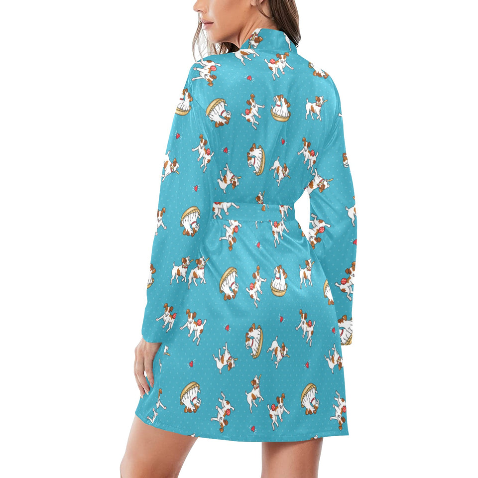 Jack Russel Pattern Print Design 03 Women's Long Sleeve Belted Night Robe