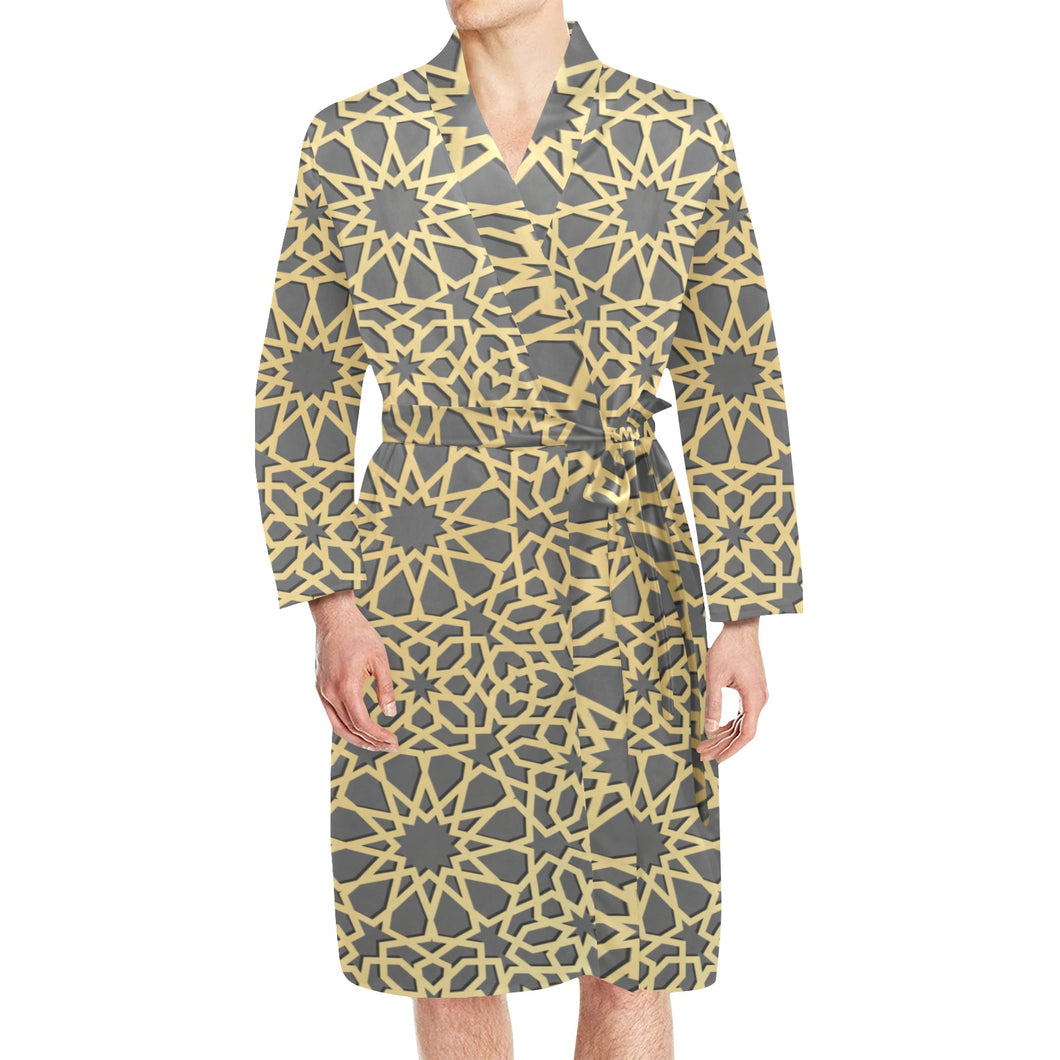 arabic star gold pattern Men's Long Sleeve Belted Night Robe