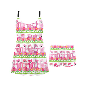Teddy Bear Pattern Print Design 04 Chest Sexy Pleated Two Piece Swim Dress