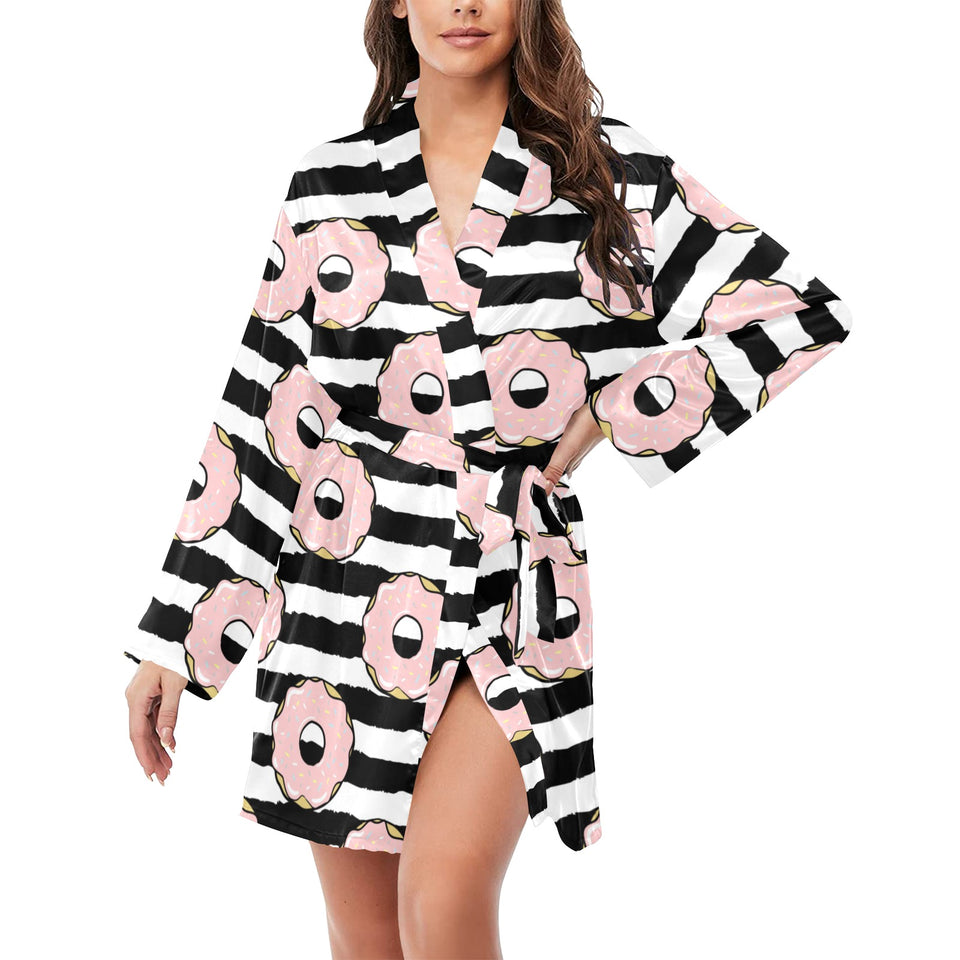 Donuts pink icing striped pattern Women's Long Sleeve Belted Night Robe