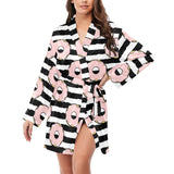 Donuts pink icing striped pattern Women's Long Sleeve Belted Night Robe