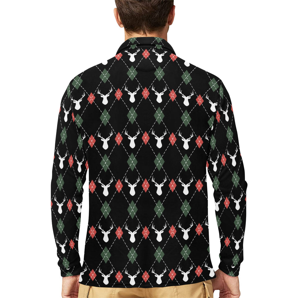 Deer Christmas new year pattern argyle Men's Long Sleeve Polo Shirt