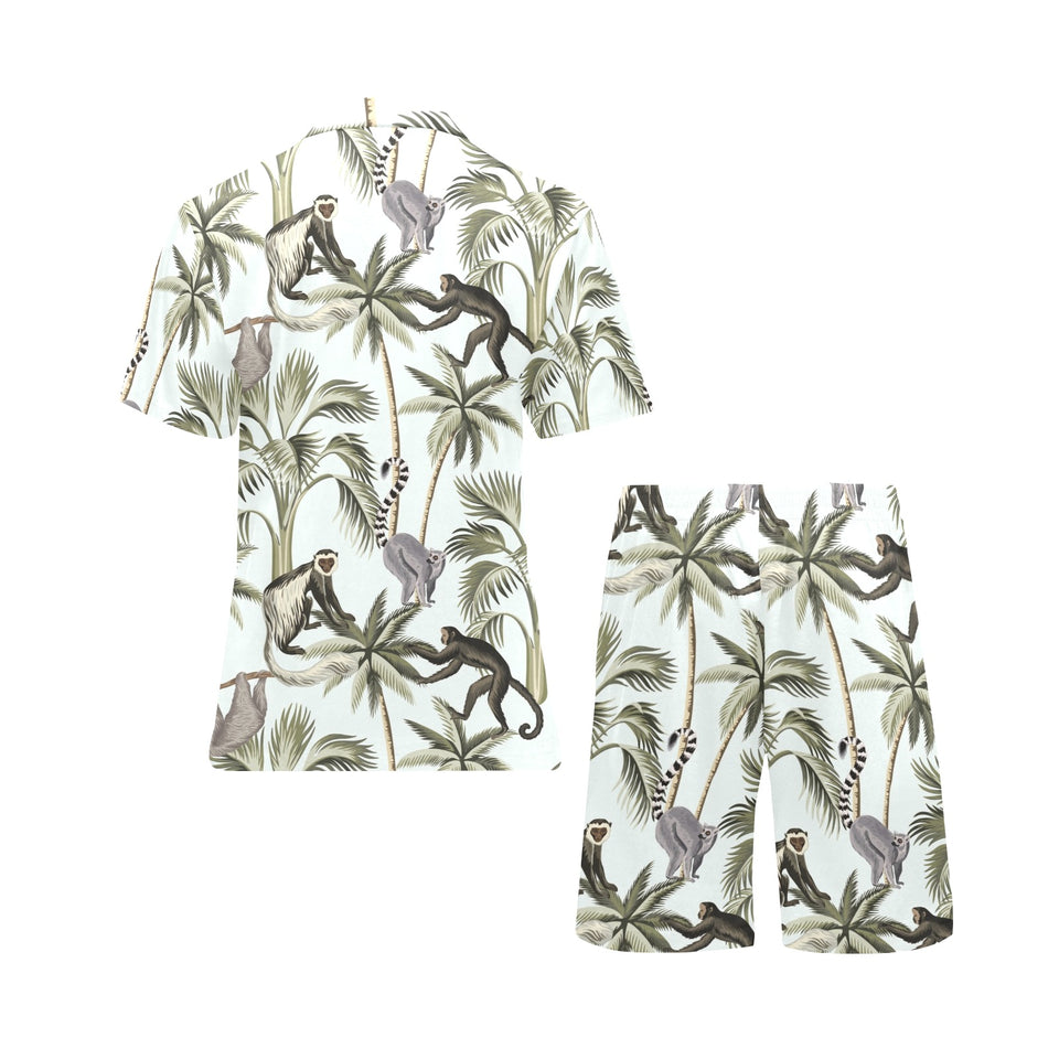 Monkey sloth lemur palm trees pattern Men's V-Neck Short Pajama Set