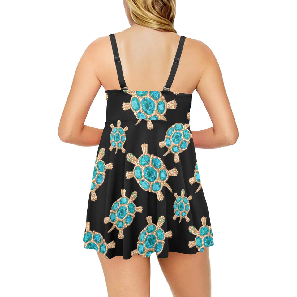 Sea turtle blue stone pattern Chest Sexy Pleated Two Piece Swim Dress