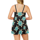 Sea turtle blue stone pattern Chest Sexy Pleated Two Piece Swim Dress