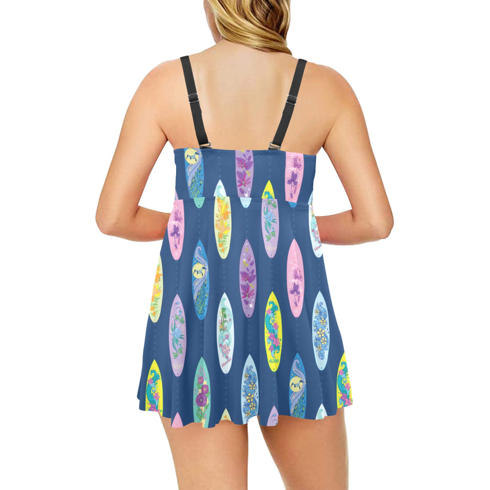 Surfboard Pattern Print Design 03 Chest Sexy Pleated Two Piece Swim Dress