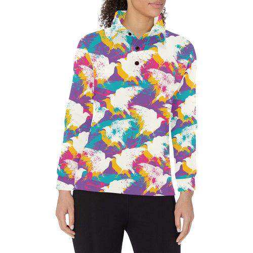 Colorful crow illustration pattern Women's Long Sleeve Polo Shirt