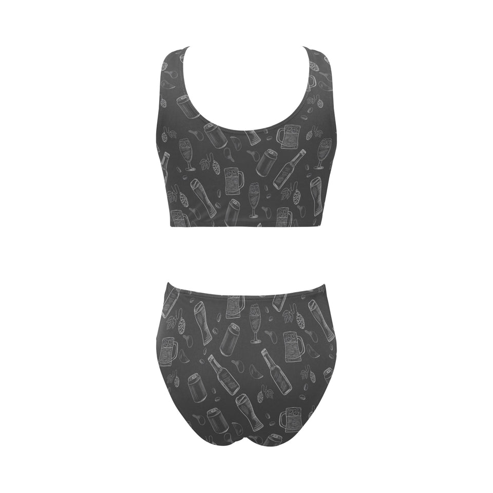 Beer hand drawn pattern Chest Bowknot High Waisted Bikini Swimsuit