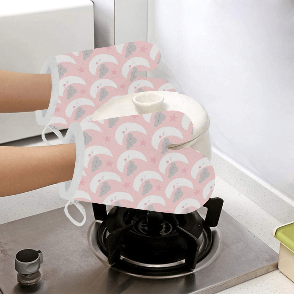 Cute moon cloud star pattern pink dot background Heat Resistant Oven Mitts