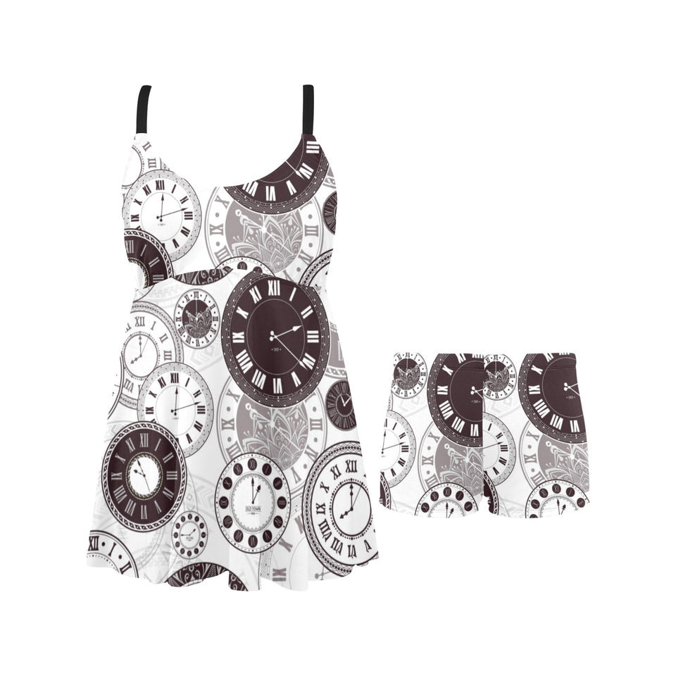 Classic vintage clock pattern Chest Sexy Pleated Two Piece Swim Dress