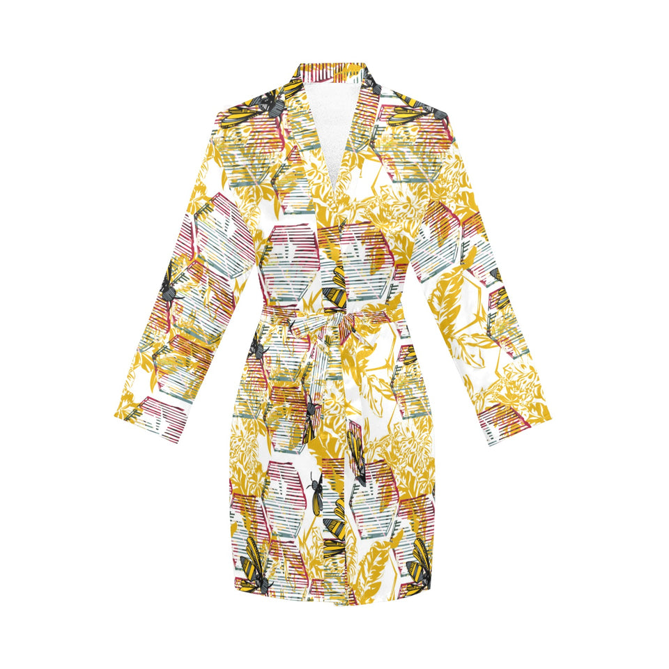 Cool Bee honeycomb leaves pattern Women's Long Sleeve Belted Night Robe