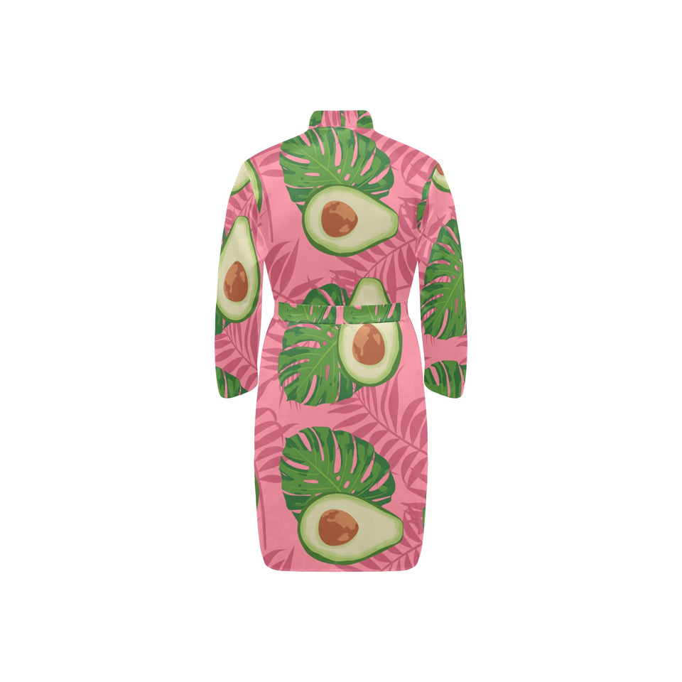 Avocado slices leaves pink back ground Men's Long Sleeve Belted Night Robe
