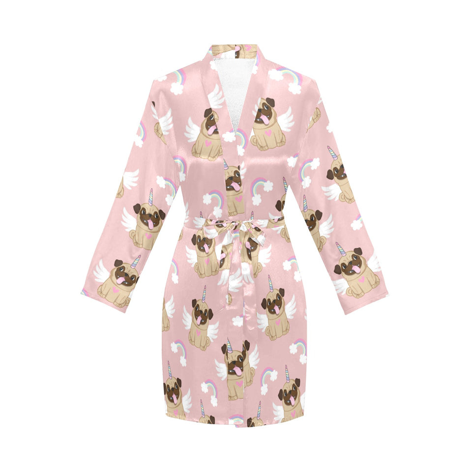 Cute unicorn pug pattern Women's Long Sleeve Belted Night Robe